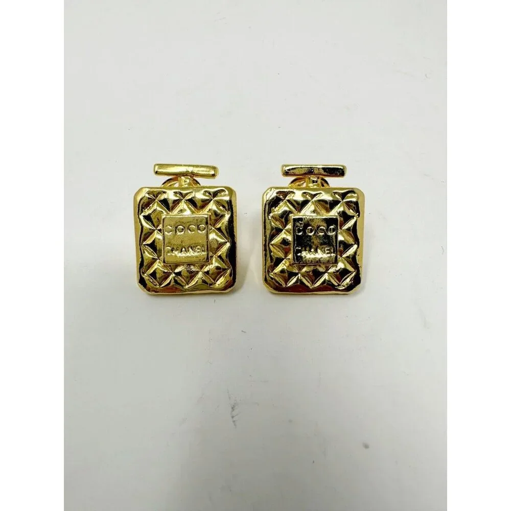 Chanel Coco Logo Vintage Perfume Parfum Bottle Large Gold Metal Clip On Earrings